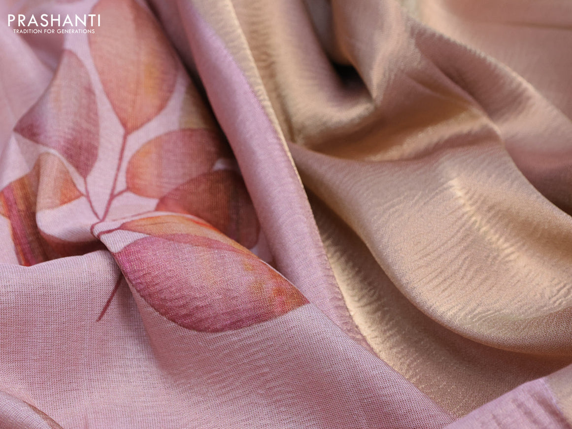 Crushed tissue saree pastel pink with allover leaf digital prints and zari woven border