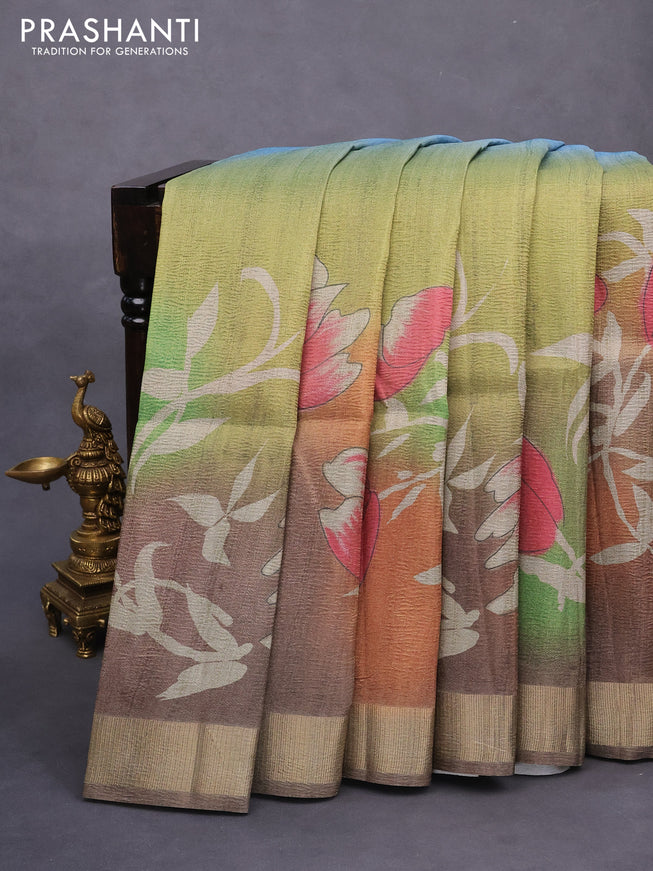 Crushed tissue saree multi colour with allover floral digital prints and zari woven border