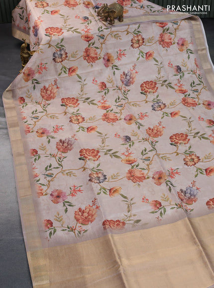 Crushed tissue saree beige with allover floral digital prints and zari woven border