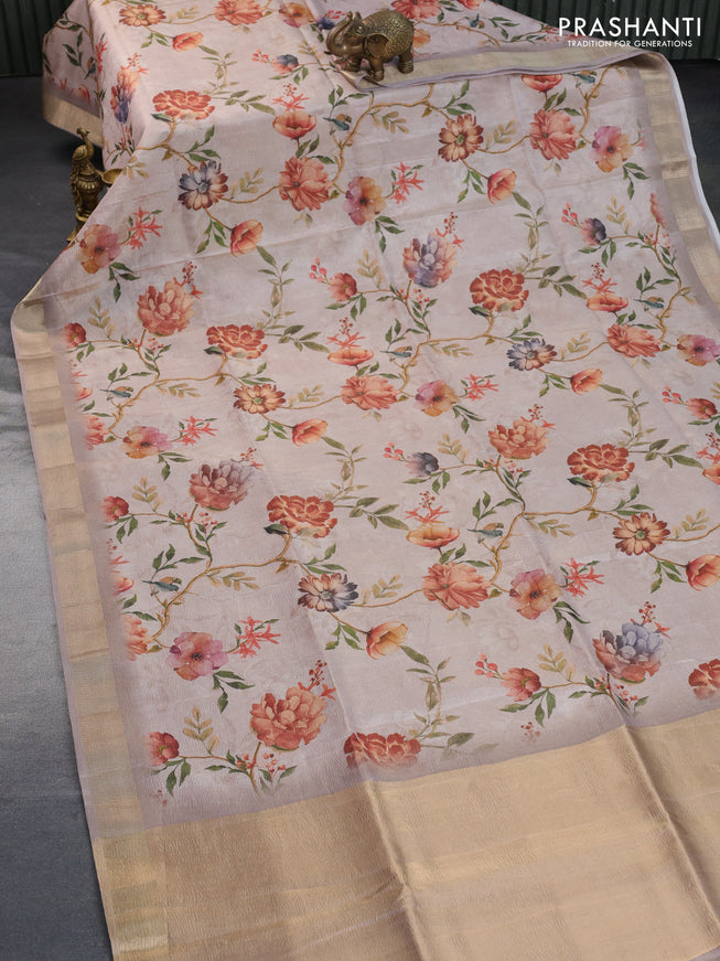 Crushed tissue saree beige with allover floral digital prints and zari woven border