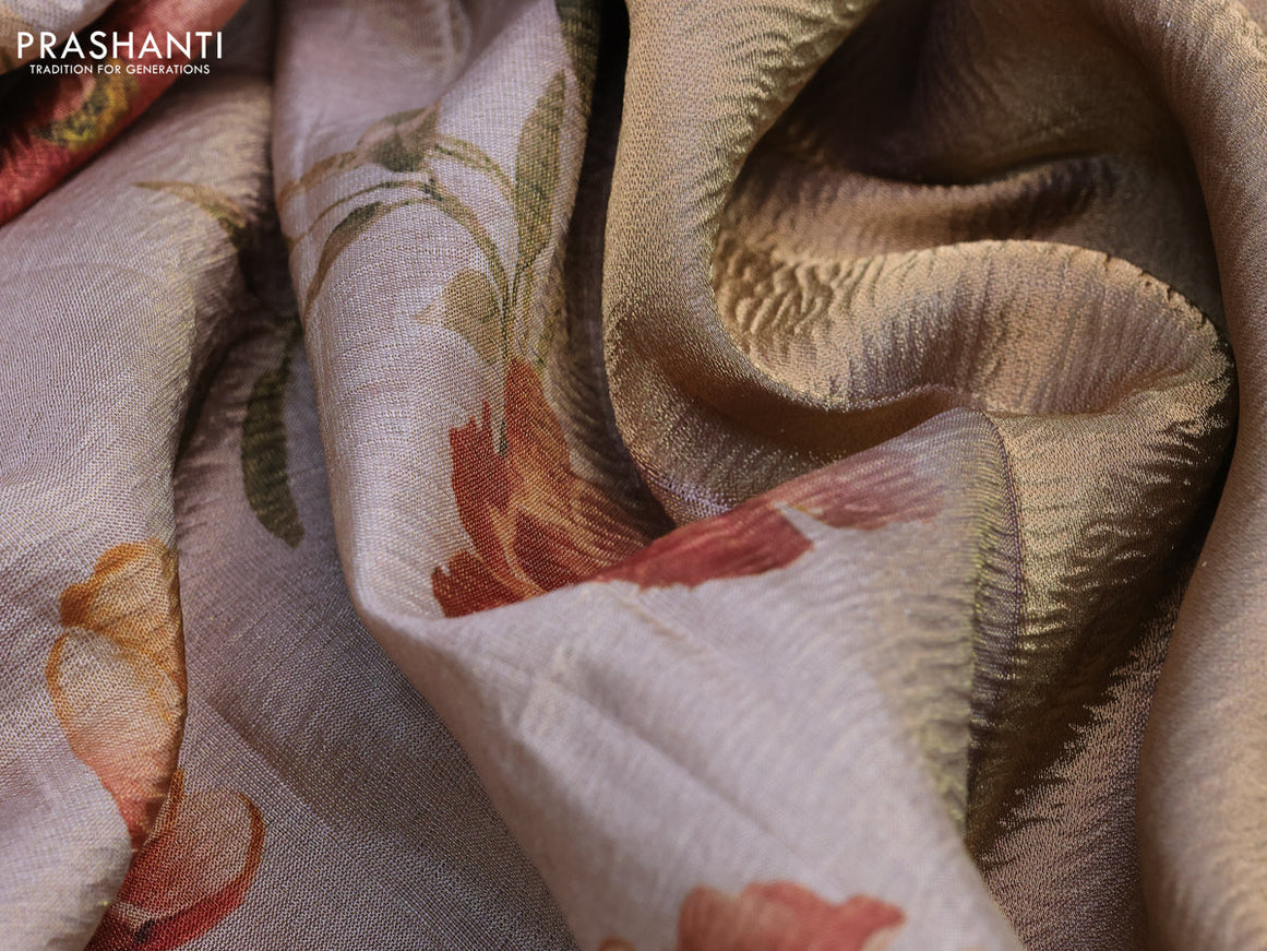 Crushed tissue saree beige with allover floral digital prints and zari woven border