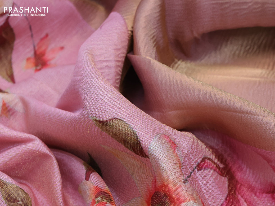 Crushed tissue saree mild peach pink with allover floral digital prints and zari woven border