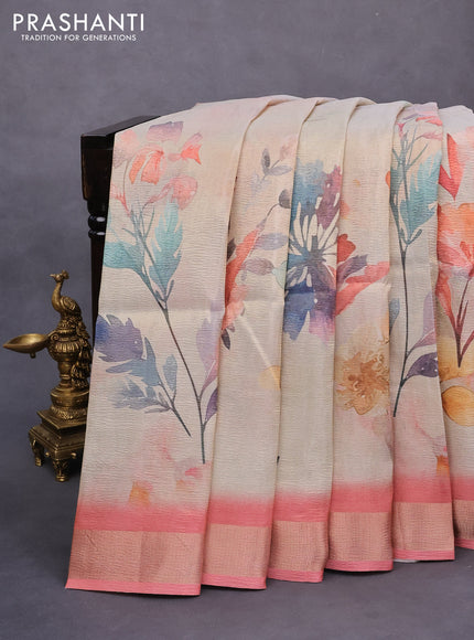 Crushed tissue saree cream and peach pink with allover floral digital prints and zari woven border