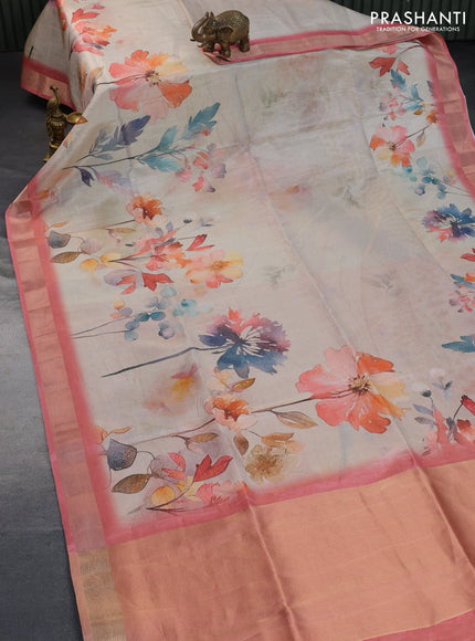 Crushed tissue saree cream and peach pink with allover floral digital prints and zari woven border