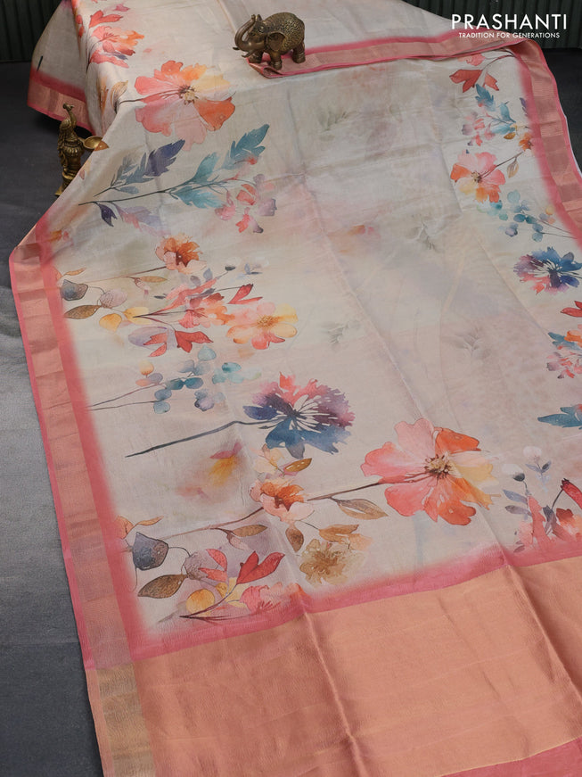 Crushed tissue saree cream and peach pink with allover floral digital prints and zari woven border