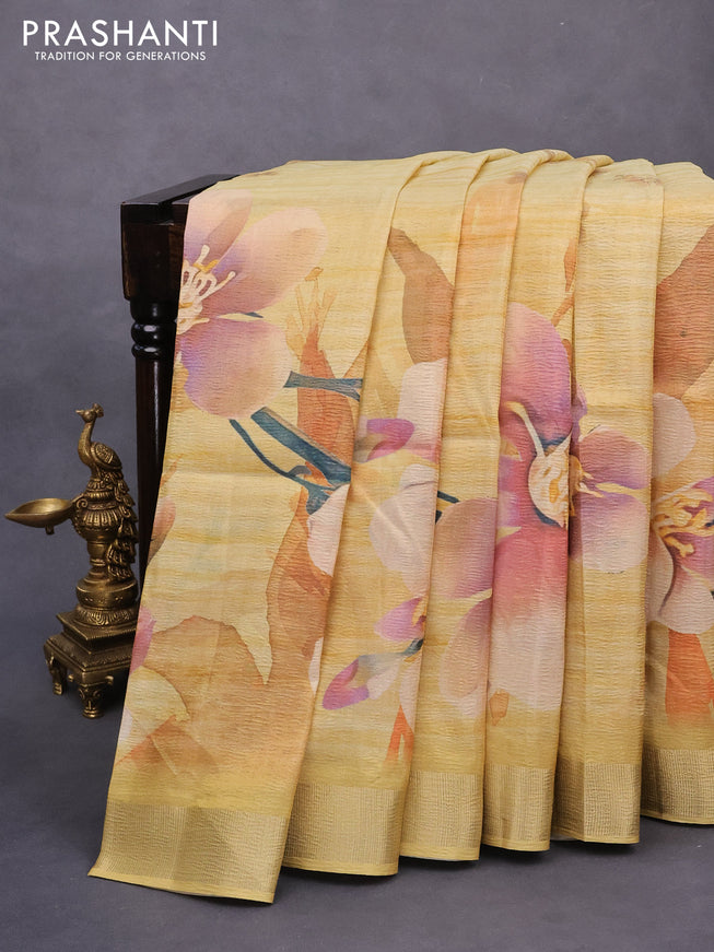 Crushed tissue saree yellow with allover floral digital prints and zari woven border