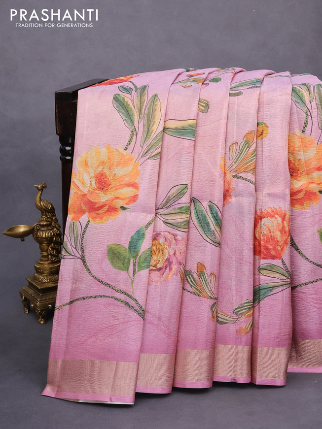 Crushed tissue saree mauve pink with allover floral digital prints and zari woven border