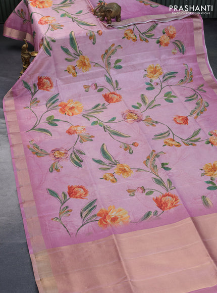 Crushed tissue saree mauve pink with allover floral digital prints and zari woven border