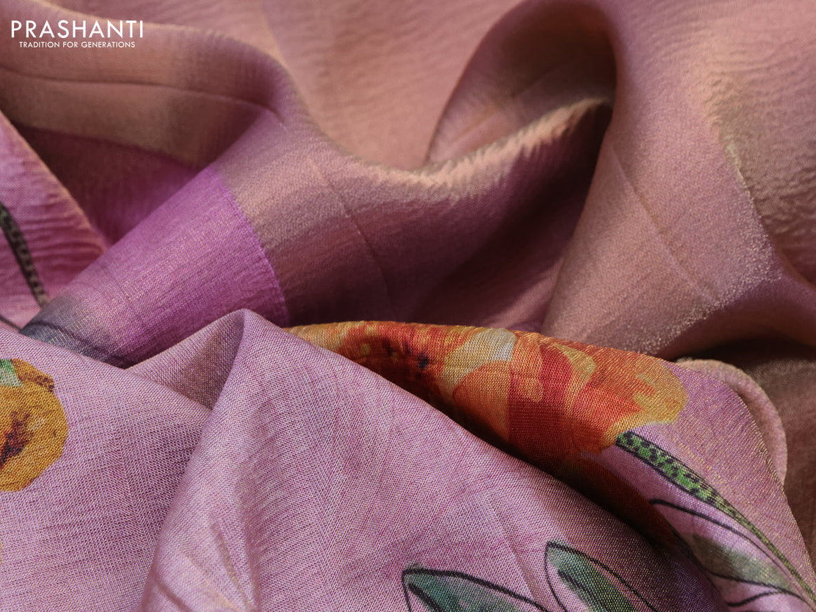 Crushed tissue saree mauve pink with allover floral digital prints and zari woven border