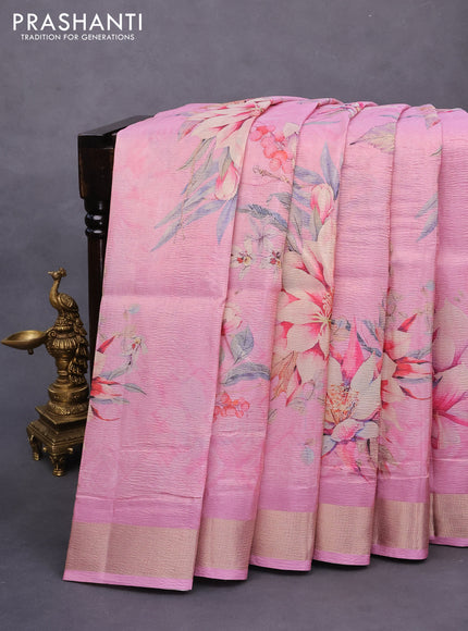 Crushed tissue saree light pink with allover floral digital prints and zari woven border