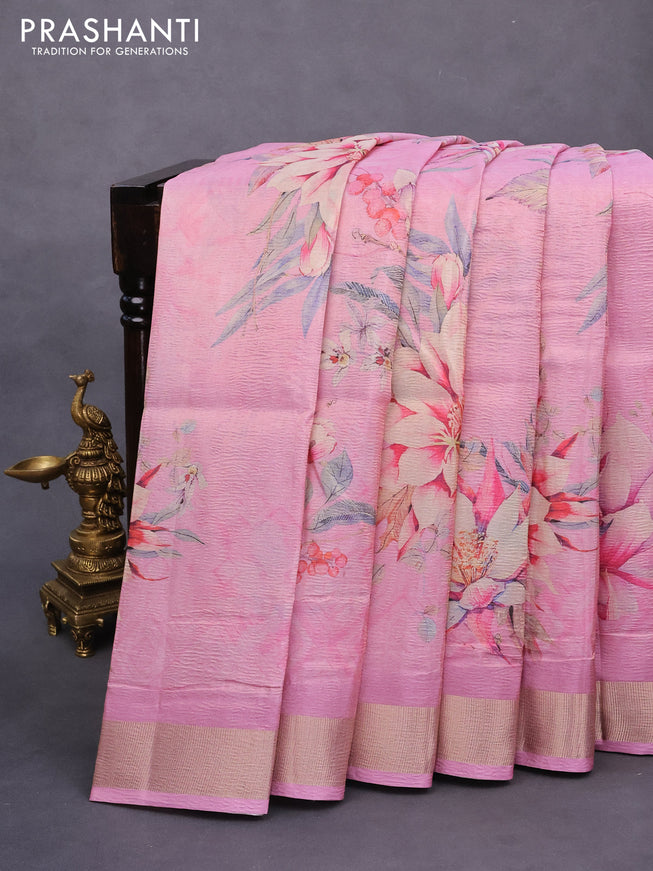 Crushed tissue saree light pink with allover floral digital prints and zari woven border