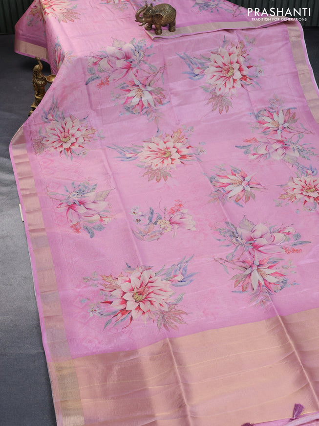 Crushed tissue saree light pink with allover floral digital prints and zari woven border