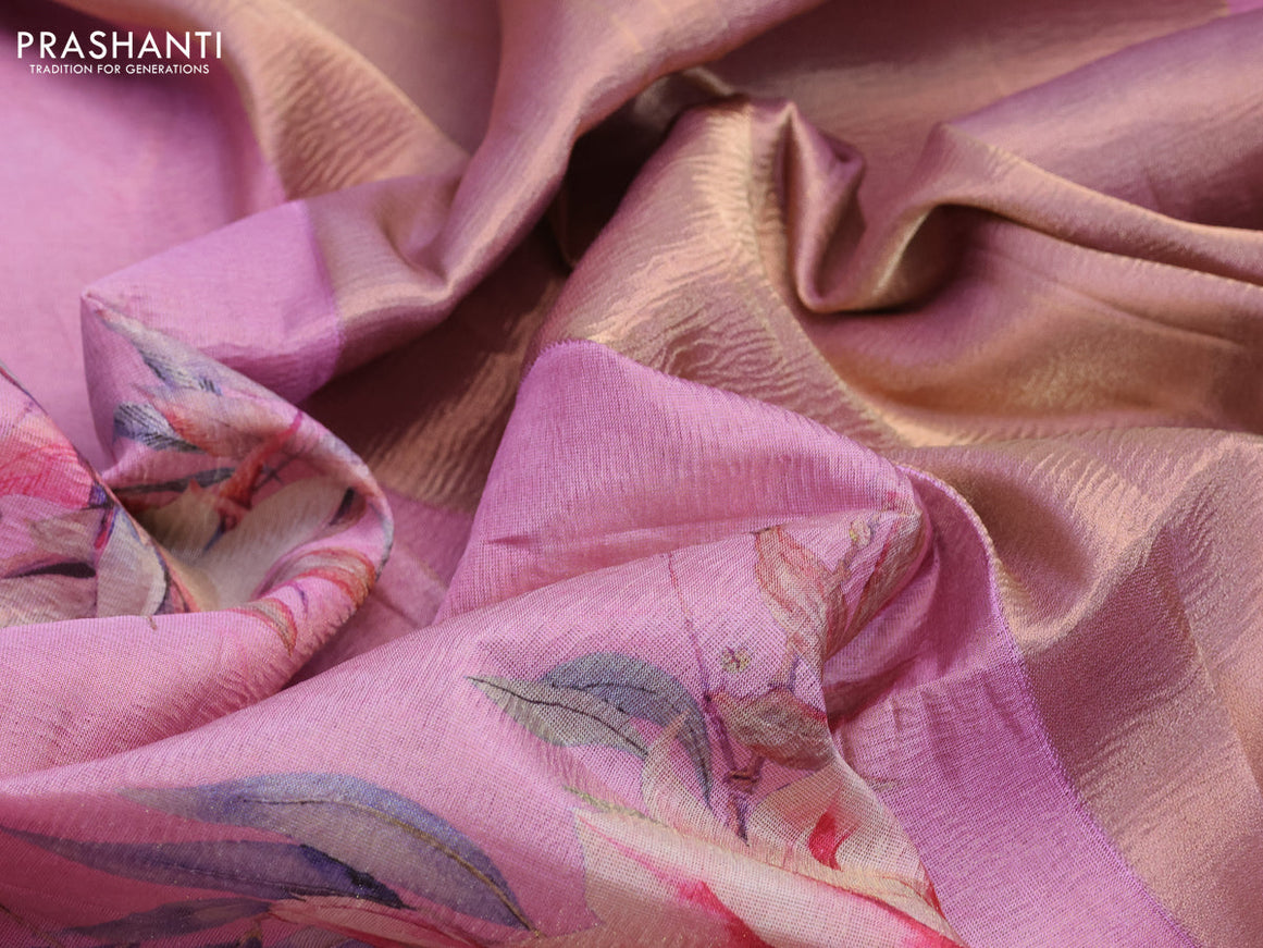 Crushed tissue saree light pink with allover floral digital prints and zari woven border