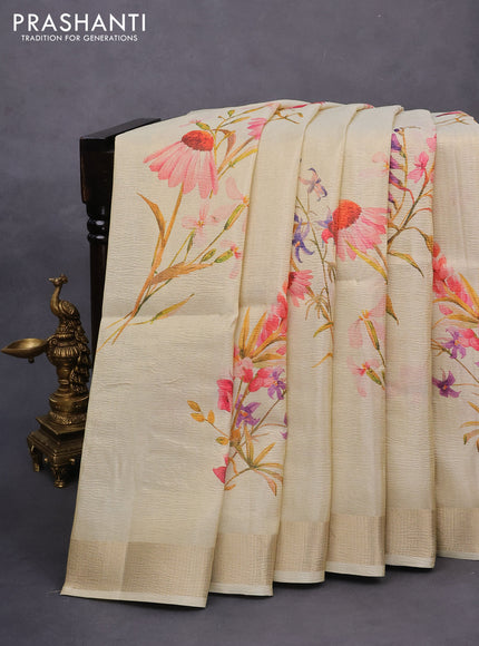 Crushed tissue saree cream with allover floral digital prints and zari woven border