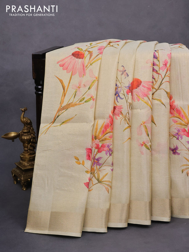 Crushed tissue saree cream with allover floral digital prints and zari woven border