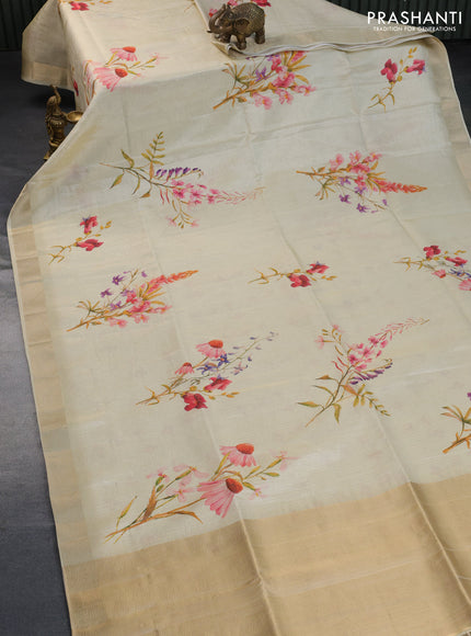 Crushed tissue saree cream with allover floral digital prints and zari woven border