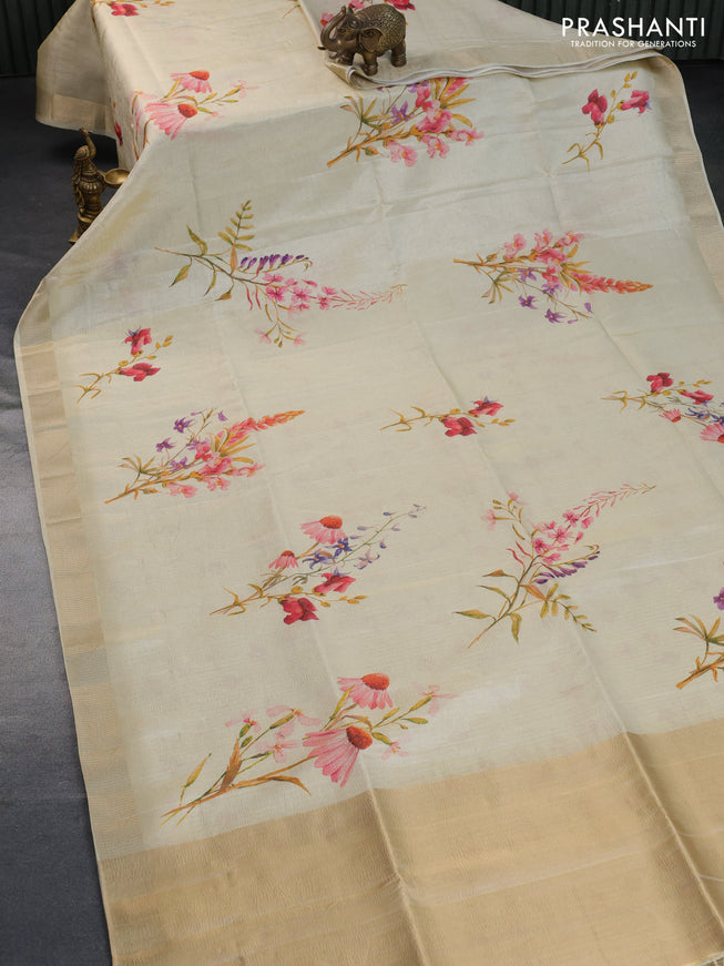 Crushed tissue saree cream with allover floral digital prints and zari woven border