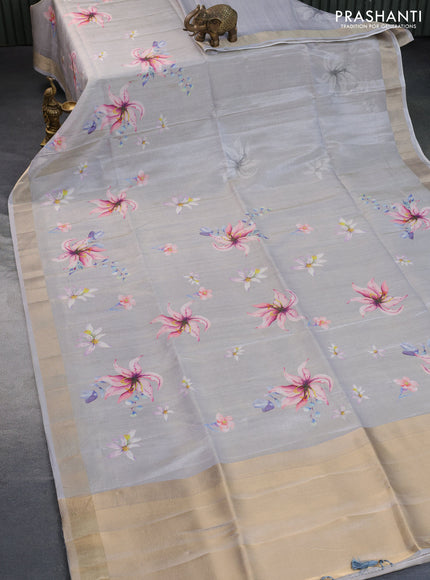 Crushed tissue saree pastel grey with allover floral digital prints and zari woven border