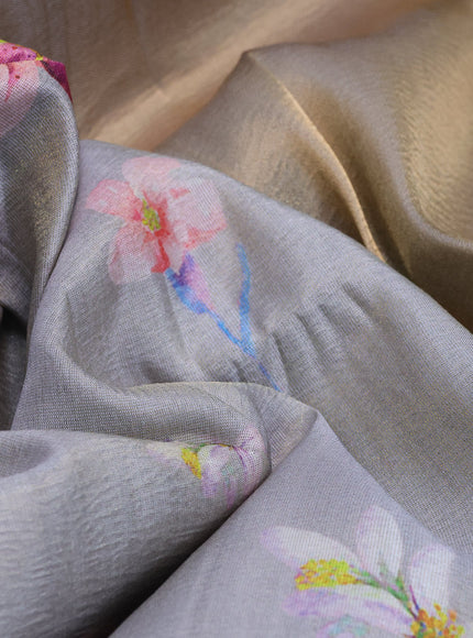 Crushed tissue saree pastel grey with allover floral digital prints and zari woven border