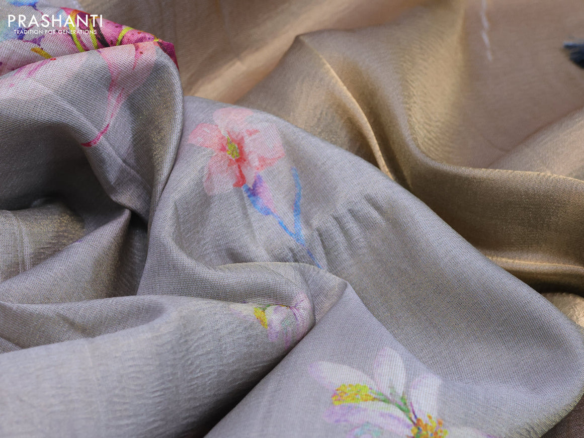 Crushed tissue saree pastel grey with allover floral digital prints and zari woven border