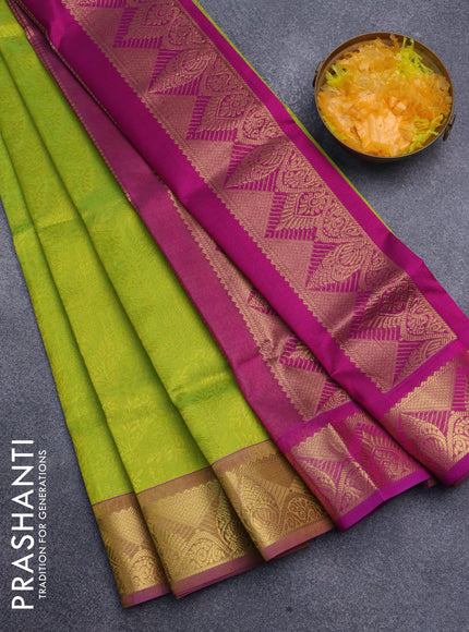 Silk cotton saree lime green and magenta pink with allover self emboss jacquard and rich zari woven border