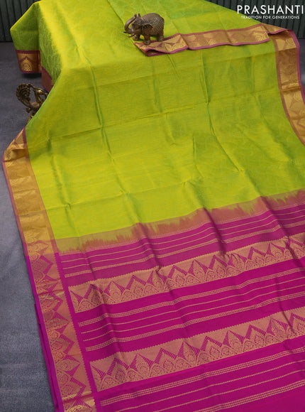 Silk cotton saree lime green and magenta pink with allover self emboss jacquard and rich zari woven border