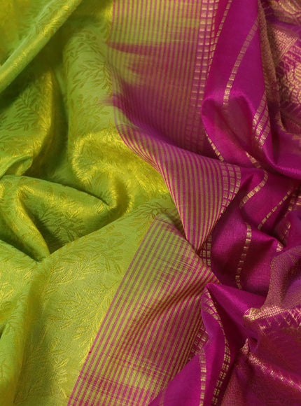 Silk cotton saree lime green and magenta pink with allover self emboss jacquard and rich zari woven border