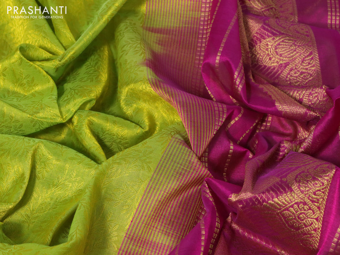 Silk cotton saree lime green and magenta pink with allover self emboss jacquard and rich zari woven border