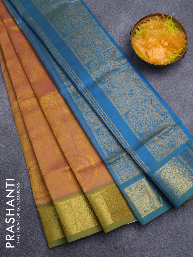 Silk cotton saree dual shade of mustard yellow and dual shade of blue with allover self emboss jacquard and rich zari woven border