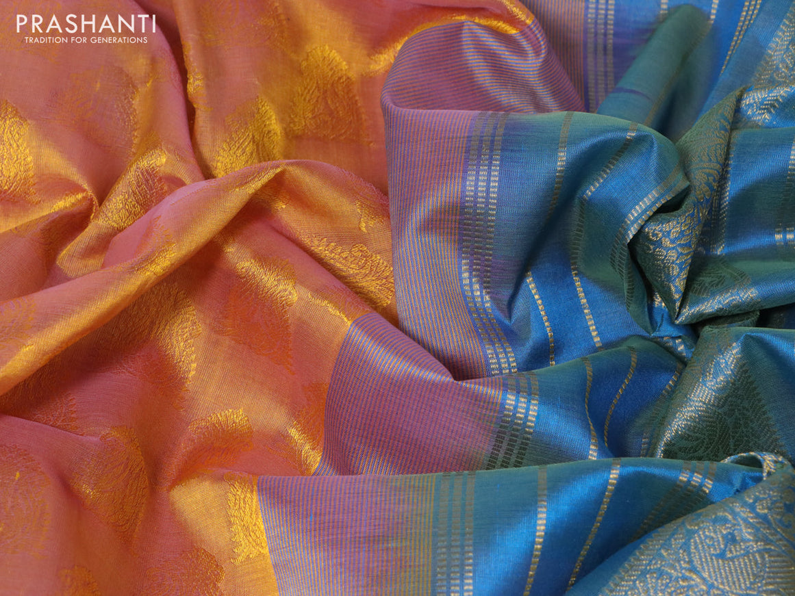 Silk cotton saree dual shade of mustard yellow and dual shade of blue with allover self emboss jacquard and rich zari woven border