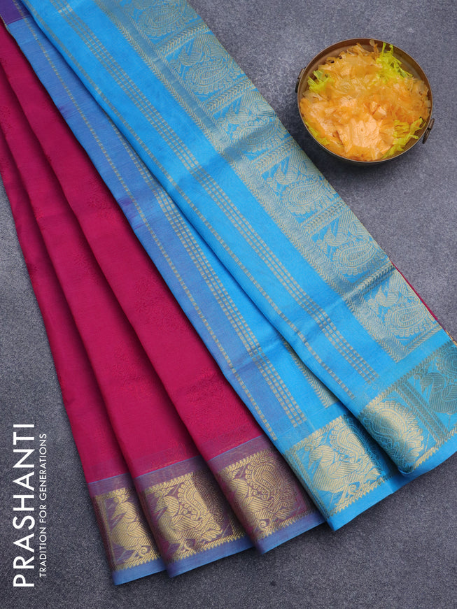 Silk cotton saree dark pink and light blue with allover self emboss jacquard and annam zari woven border