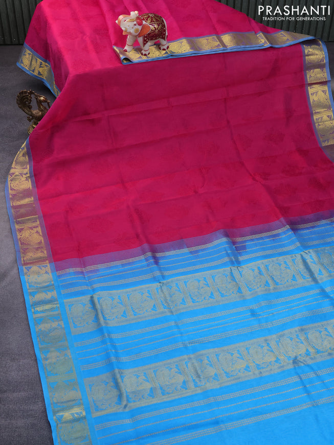 Silk cotton saree dark pink and light blue with allover self emboss jacquard and annam zari woven border