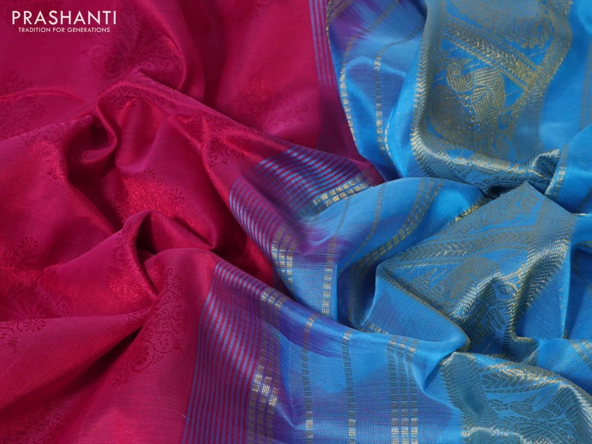 Silk cotton saree dark pink and light blue with allover self emboss jacquard and annam zari woven border