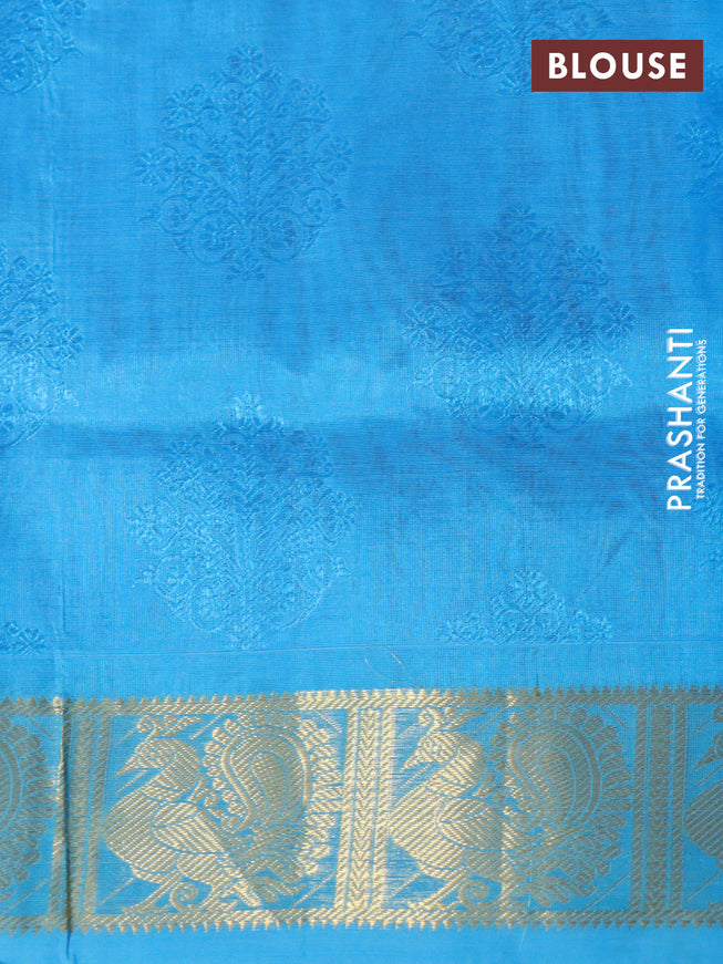 Silk cotton saree dark pink and light blue with allover self emboss jacquard and annam zari woven border