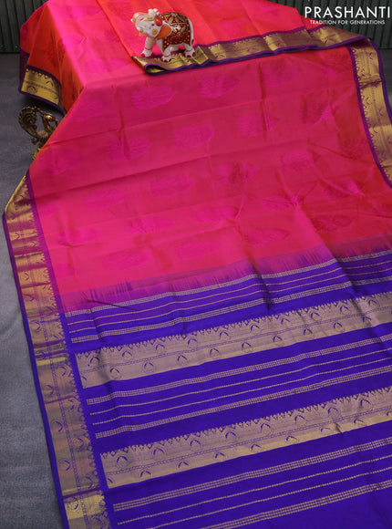 Silk cotton saree dual shade of pink and blue with allover self emboss jacquard and rich zari woven border