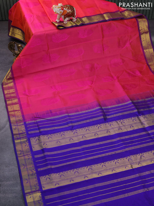 Silk cotton saree dual shade of pink and blue with allover self emboss jacquard and rich zari woven border