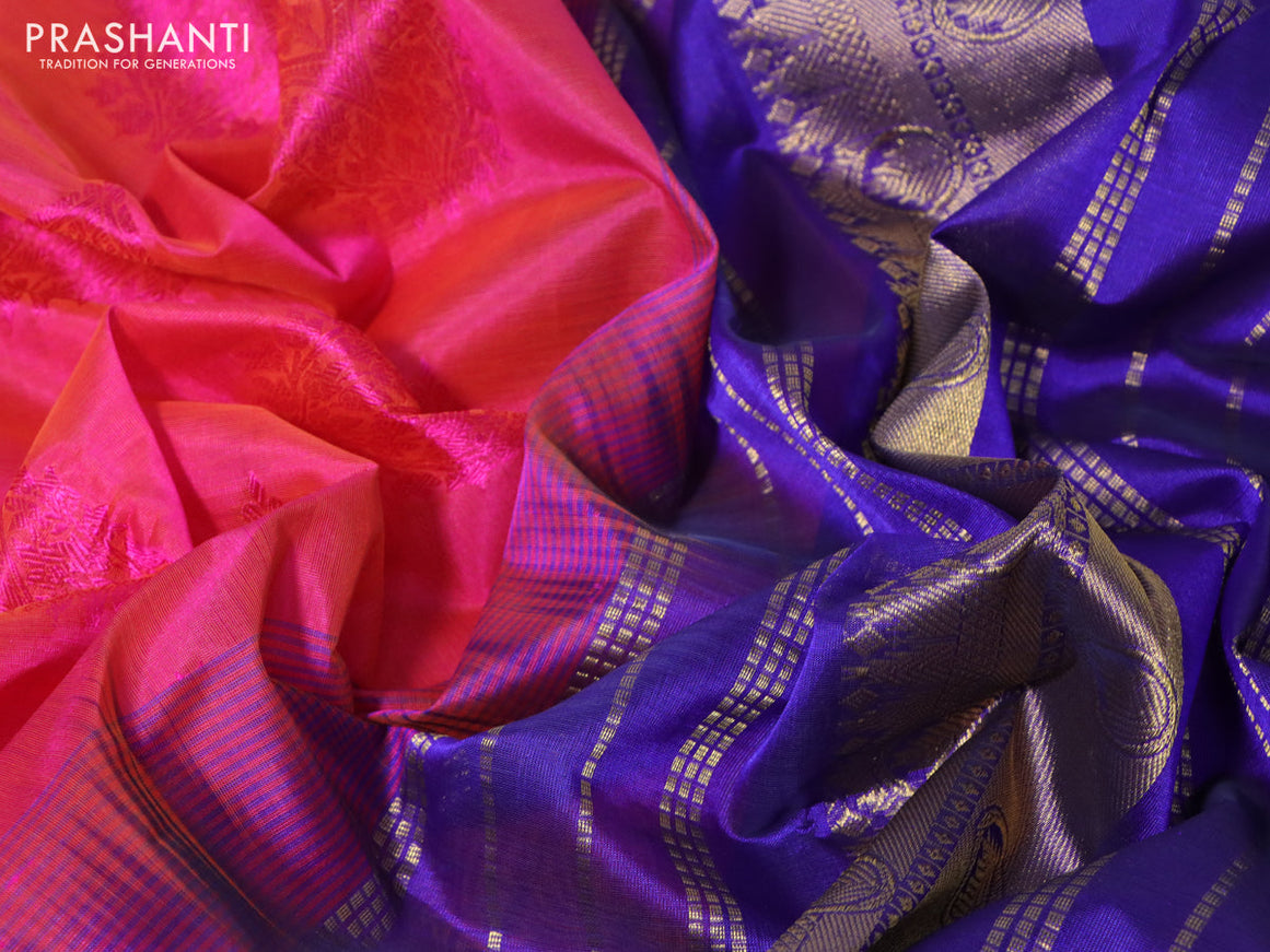 Silk cotton saree dual shade of pink and blue with allover self emboss jacquard and rich zari woven border