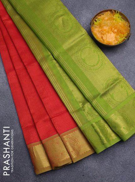 Silk cotton saree orange and light green with allover self emboss jacquard and annam zari woven border