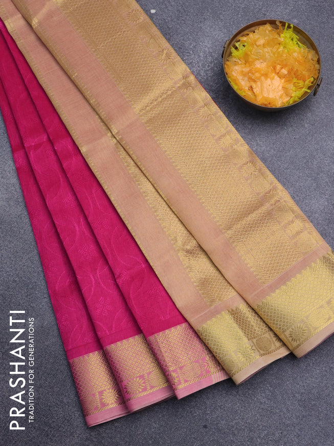 Silk cotton saree candy pink and sandal with allover self emboss jacquard and rich zari woven border