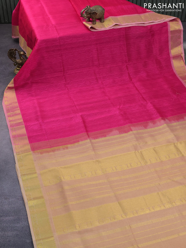 Silk cotton saree candy pink and sandal with allover self emboss jacquard and rich zari woven border