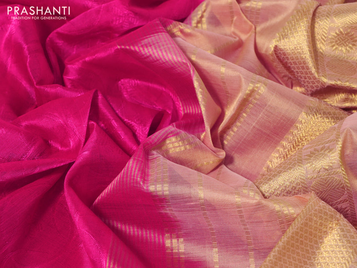 Silk cotton saree candy pink and sandal with allover self emboss jacquard and rich zari woven border