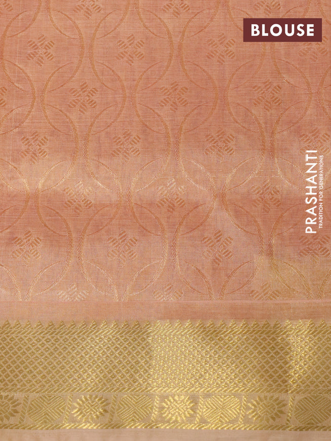 Silk cotton saree candy pink and sandal with allover self emboss jacquard and rich zari woven border