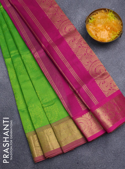 Silk cotton saree light green and pink with allover self emboss jacquard and rich zari woven border