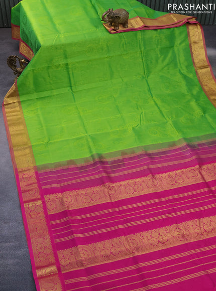 Silk cotton saree light green and pink with allover self emboss jacquard and rich zari woven border