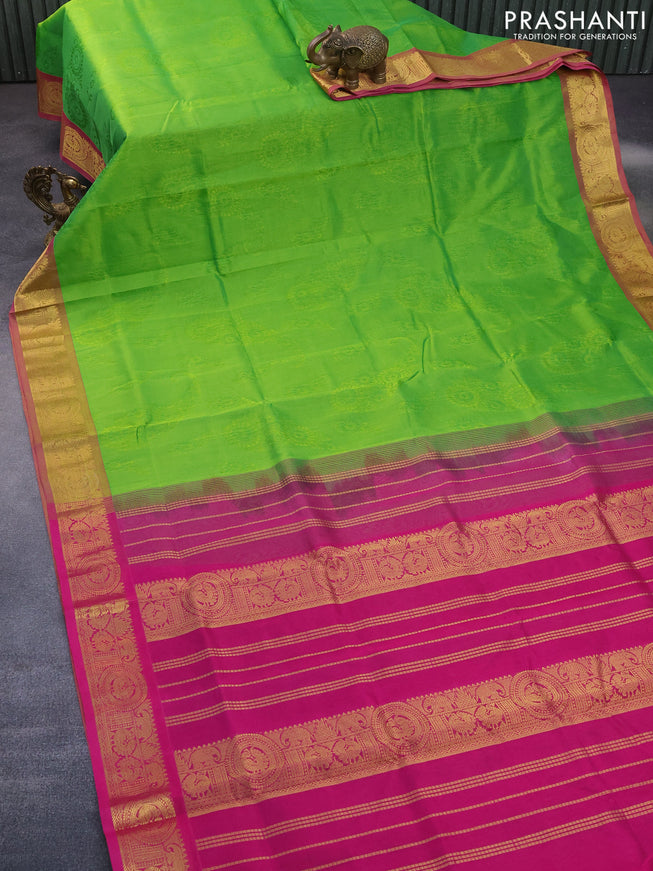 Silk cotton saree light green and pink with allover self emboss jacquard and rich zari woven border