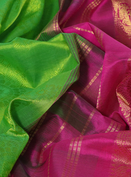 Silk cotton saree light green and pink with allover self emboss jacquard and rich zari woven border