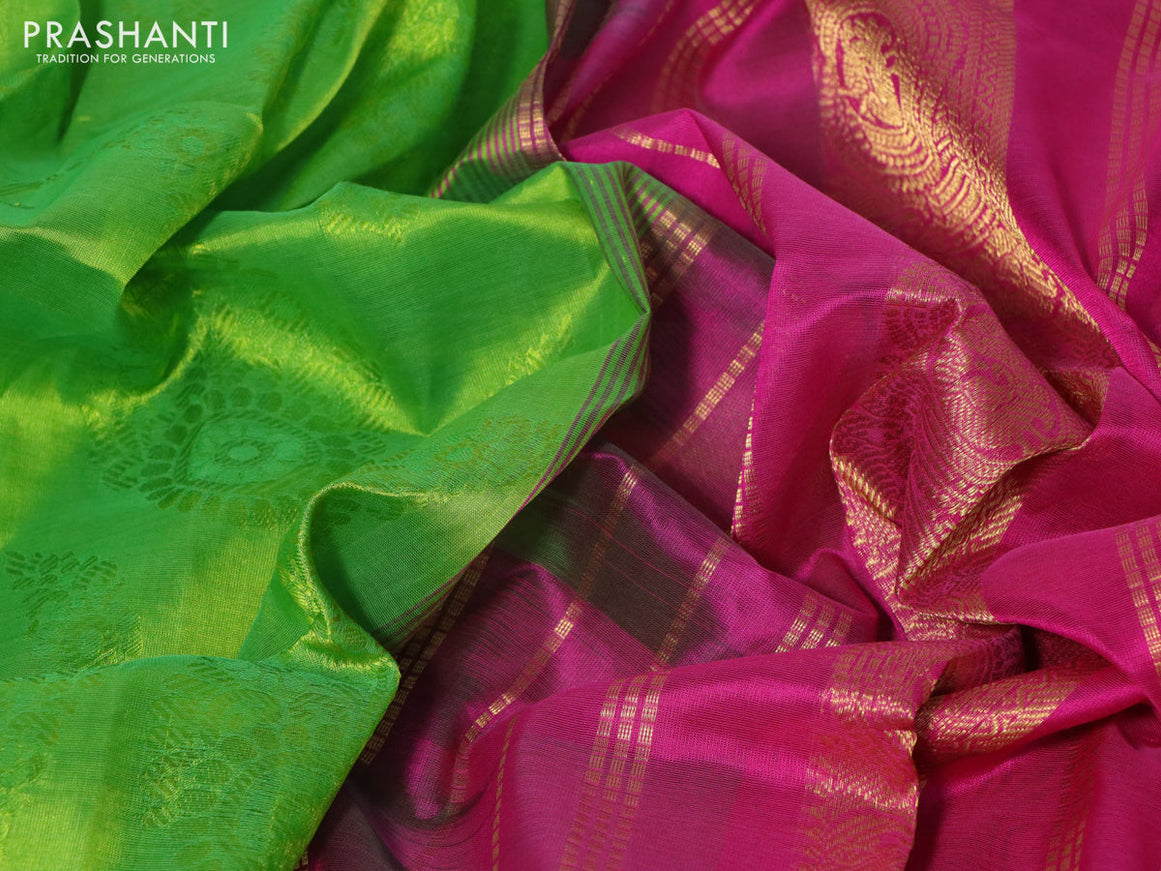 Silk cotton saree light green and pink with allover self emboss jacquard and rich zari woven border