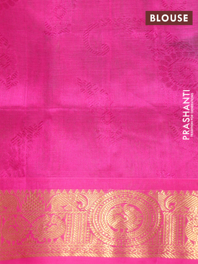 Silk cotton saree light green and pink with allover self emboss jacquard and rich zari woven border