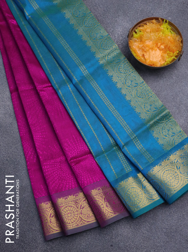 Silk cotton saree pink and dual shade of teal blue with allover self emboss jacquard and zari woven border