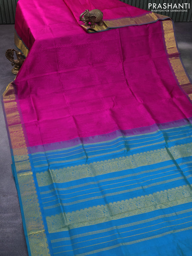 Silk cotton saree pink and dual shade of teal blue with allover self emboss jacquard and zari woven border